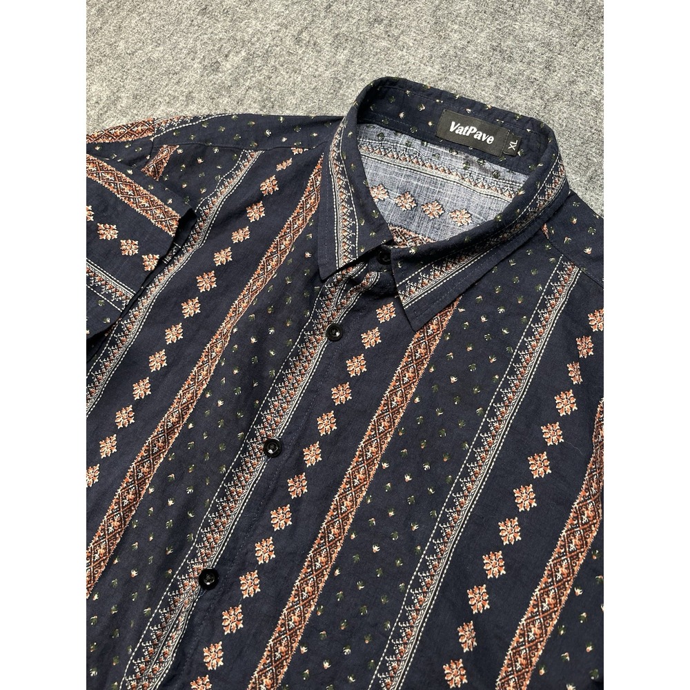 VATPAVE Button Shirt Men XL Navy Blue Button Down Navy Blue/Orange BOHO Bohemian